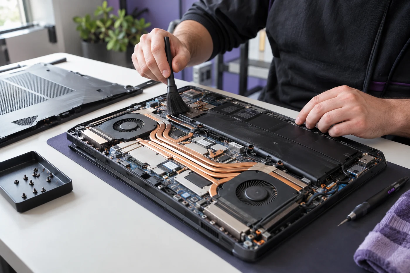 Çift fanlı oyuncu laptopunun soğutma sistemi temizliği